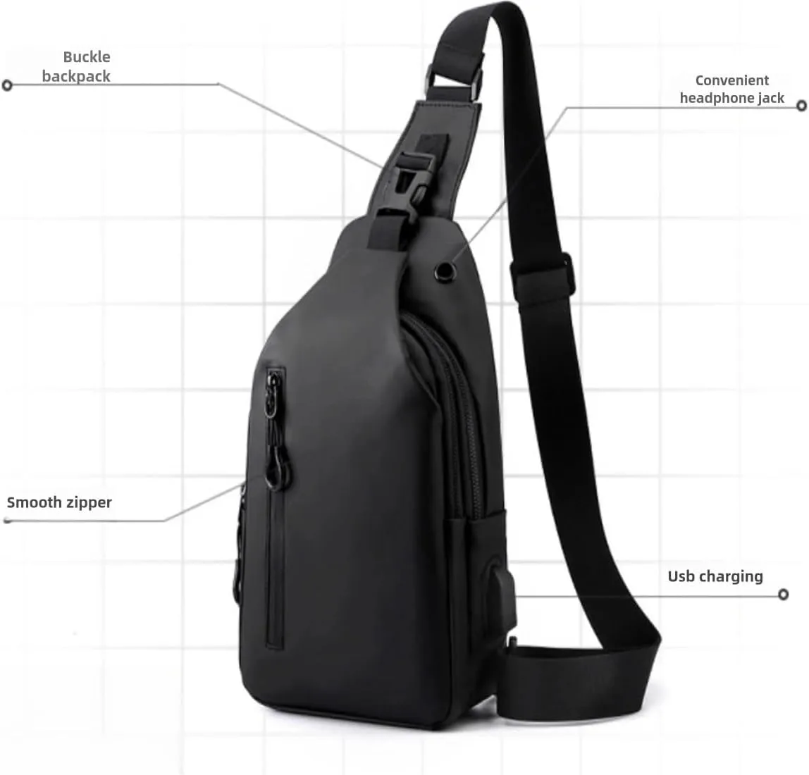 Large-capacity multi-compartment storage bag, portable outdoor shoulder bag, equipped with headphones and a USB charging port. (Dark blue earphones, charging double-layer zipper model)