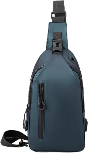 Large-capacity multi-compartment storage bag, portable outdoor shoulder bag, equipped with headphones and a USB charging port. (Dark blue earphones, charging double-layer zipper model)