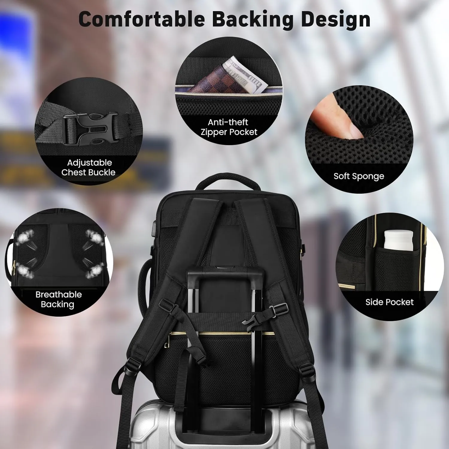 Large Carry On Travel Backpack - Flight Approved Waterproof Luggage Suitcase Backpack Personal Item Size for Women Fit 17 Inch Laptop College Overnight Bag Weekender Daypack with 3 Packing Cubes Black