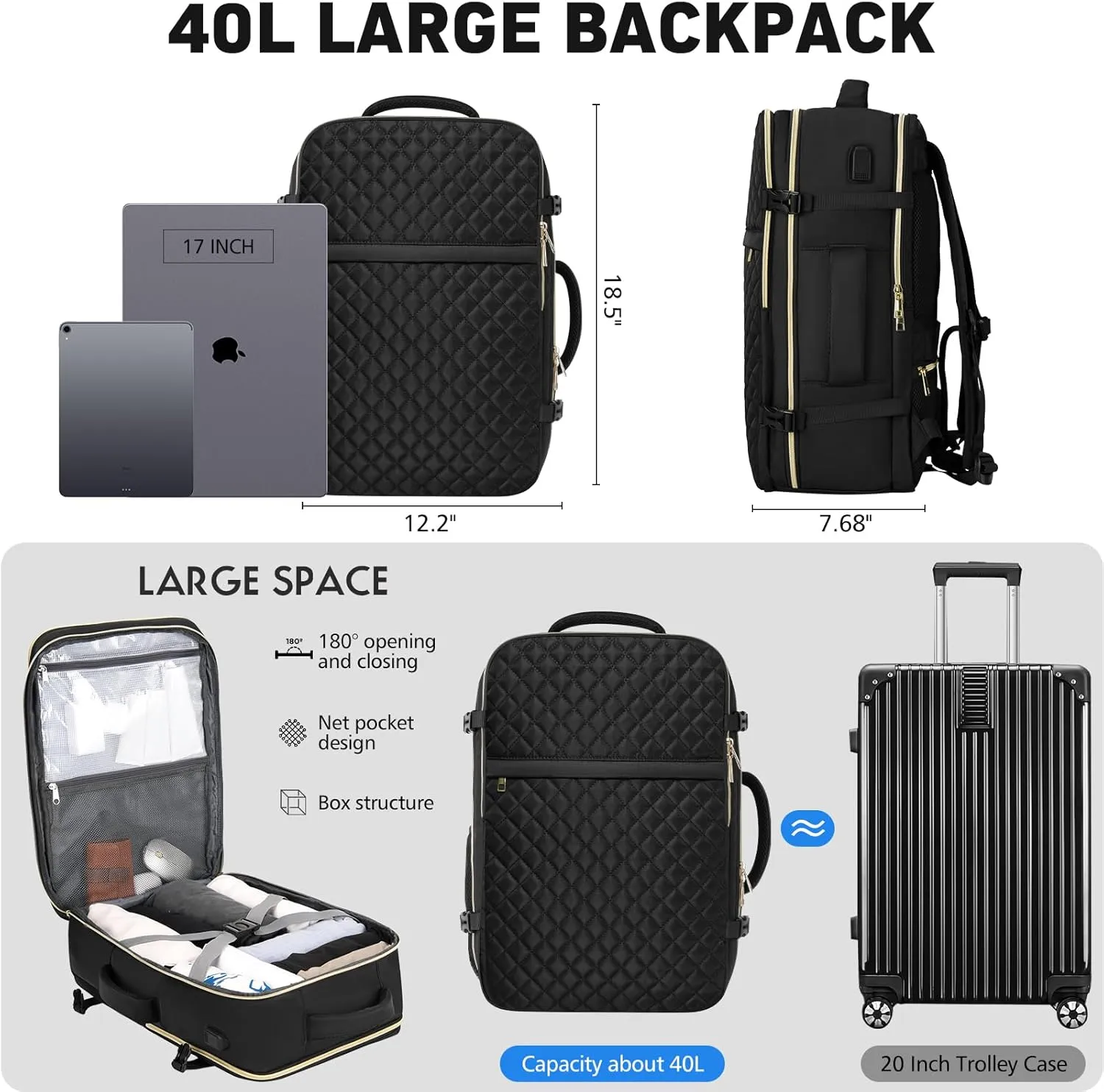 Large Carry On Travel Backpack - Flight Approved Waterproof Luggage Suitcase Backpack Personal Item Size for Women Fit 17 Inch Laptop College Overnight Bag Weekender Daypack with 3 Packing Cubes Black