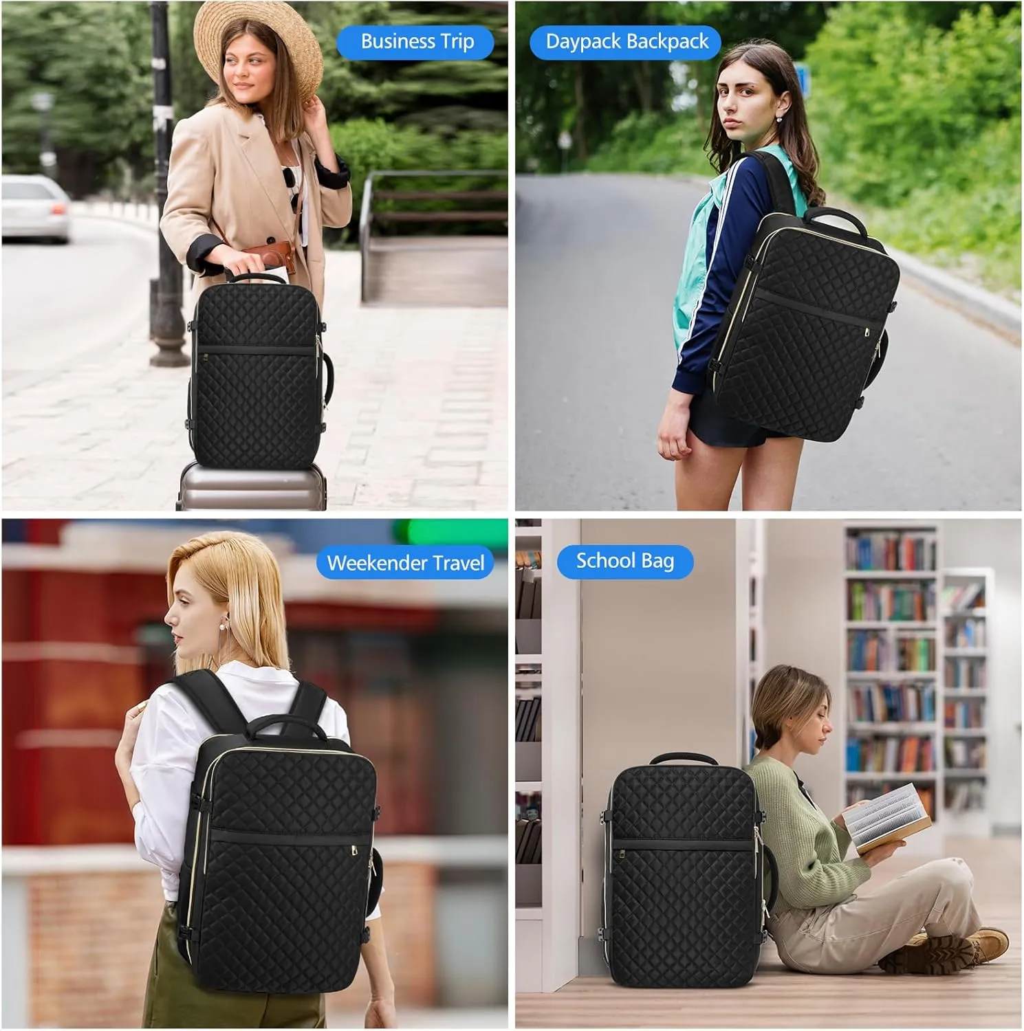 Large Carry On Travel Backpack - Flight Approved Waterproof Luggage Suitcase Backpack Personal Item Size for Women Fit 17 Inch Laptop College Overnight Bag Weekender Daypack with 3 Packing Cubes Black