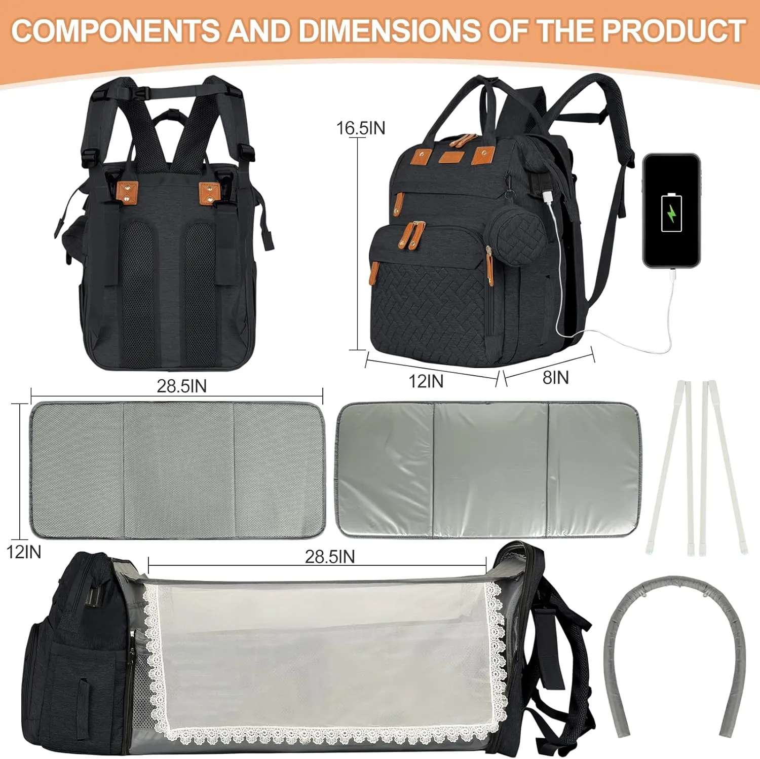 large diaper bag backpack，baby bag with changing station for Boys Girls，Multifunctional Diaper Bag，Mommy Bag With USB Charging Port（Black）