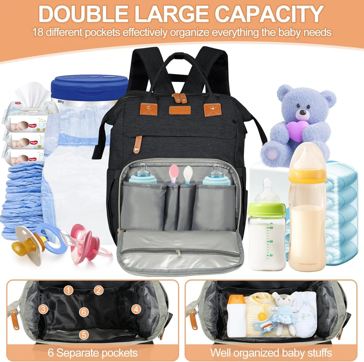 large diaper bag backpack，baby bag with changing station for Boys Girls，Multifunctional Diaper Bag，Mommy Bag With USB Charging Port（Black）