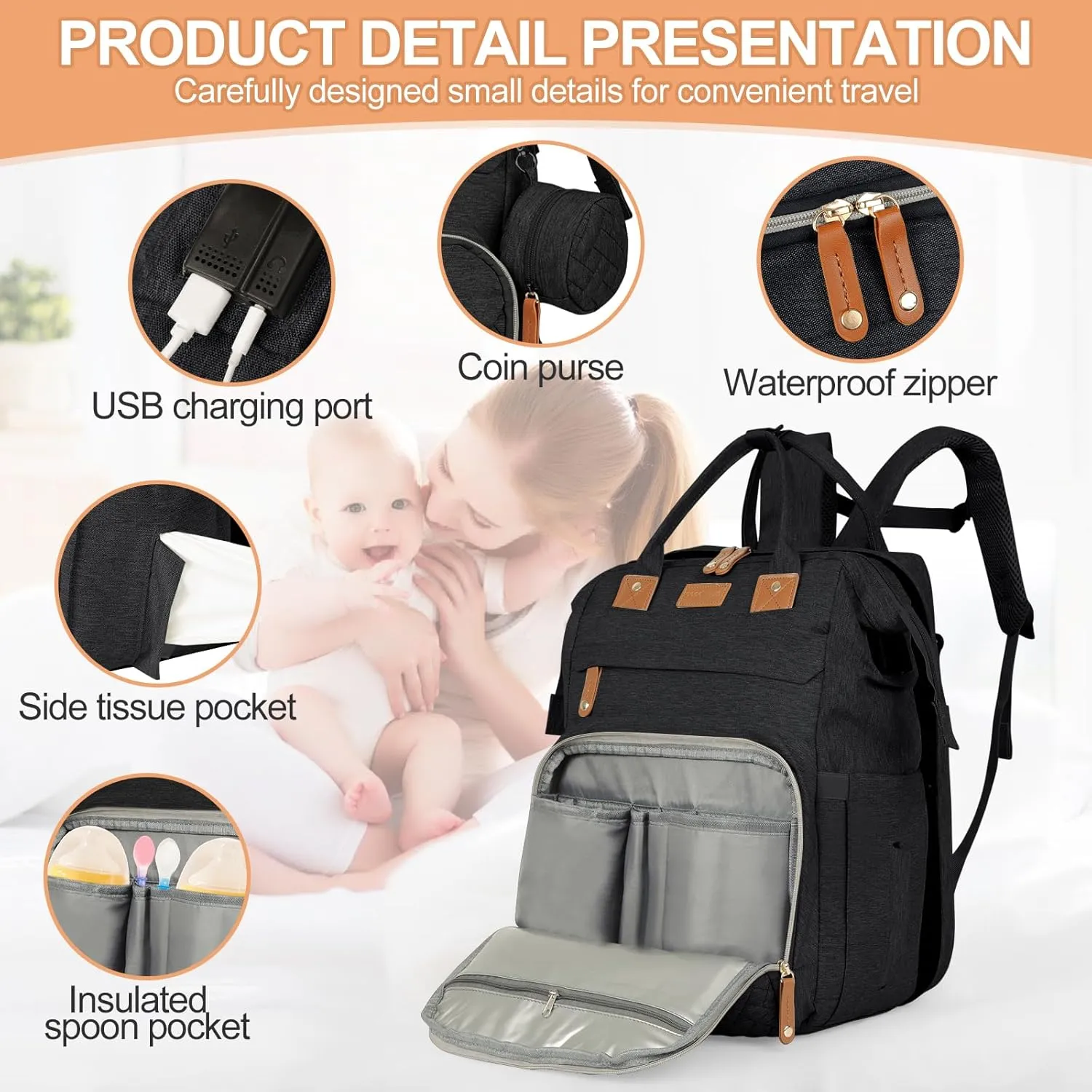 large diaper bag backpack，baby bag with changing station for Boys Girls，Multifunctional Diaper Bag，Mommy Bag With USB Charging Port（Black）
