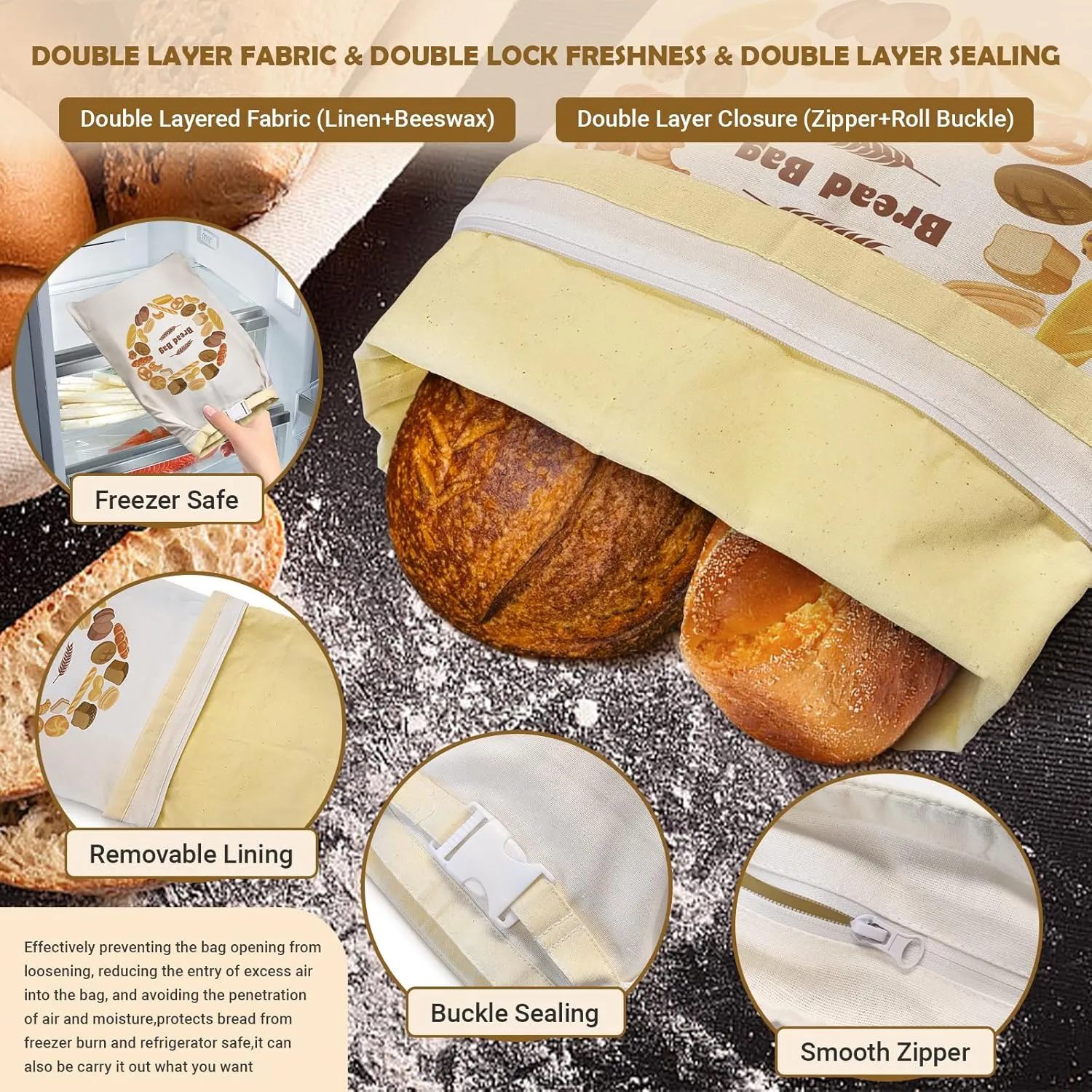 Large Linen Beeswax Bread Bags(2 Pack) Sourdough Bread Bags Reusable Double-Lock Freezer Baking Container Gift Giving for Homemade,Loaf,Sourdough,Food Storage (Colorful Patterns)
