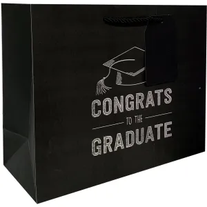 Large Matte Black Graduation Gift Bags with Silver Foil, Congrats by Present Paper