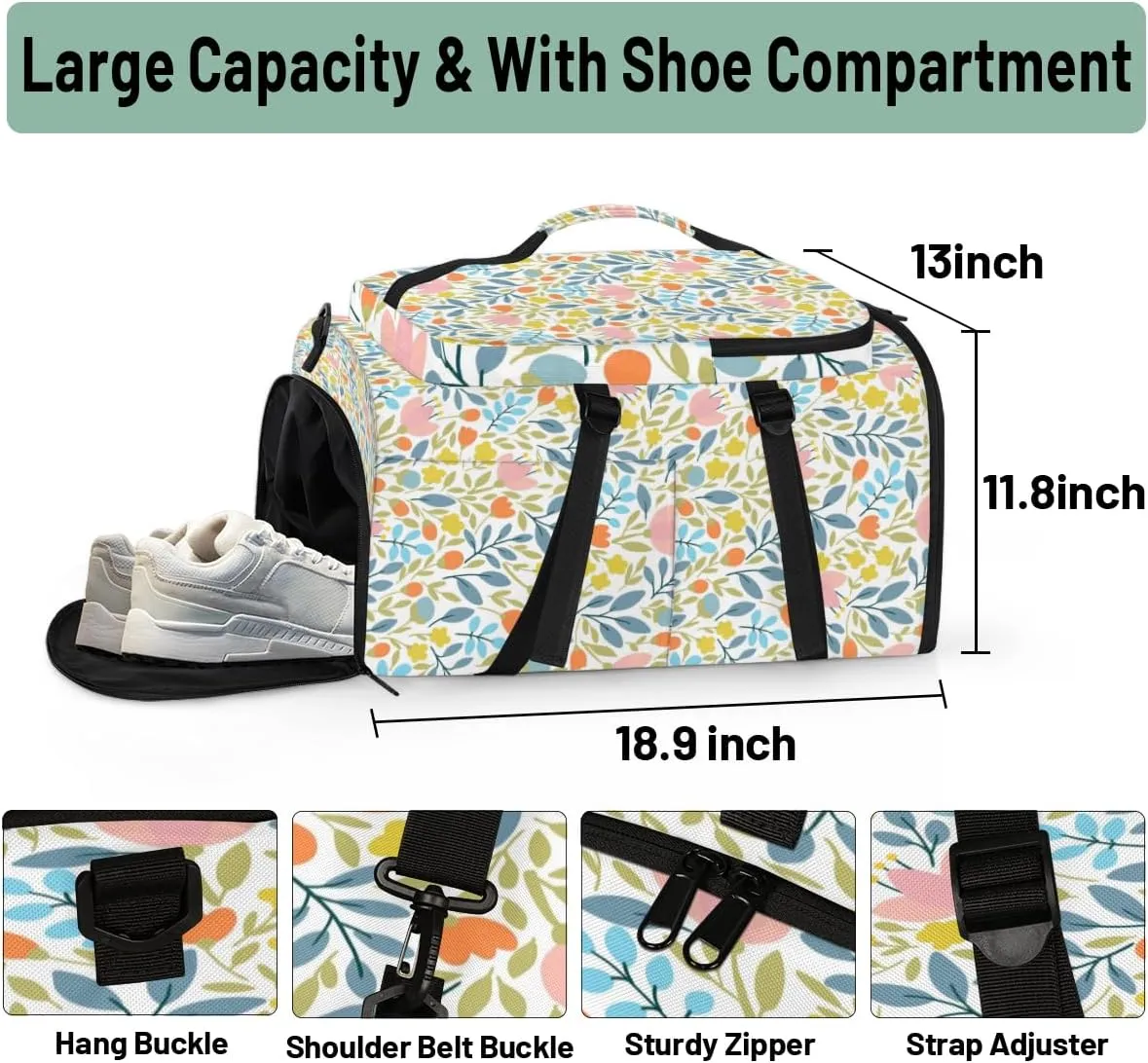 Large Sports Gym Bag With Shoe & Laptop Compartment 47L Waterproof Travel Duffel Bags for Men Women Colorful Cartoon Floral Luggage Backpack Duffle Bag