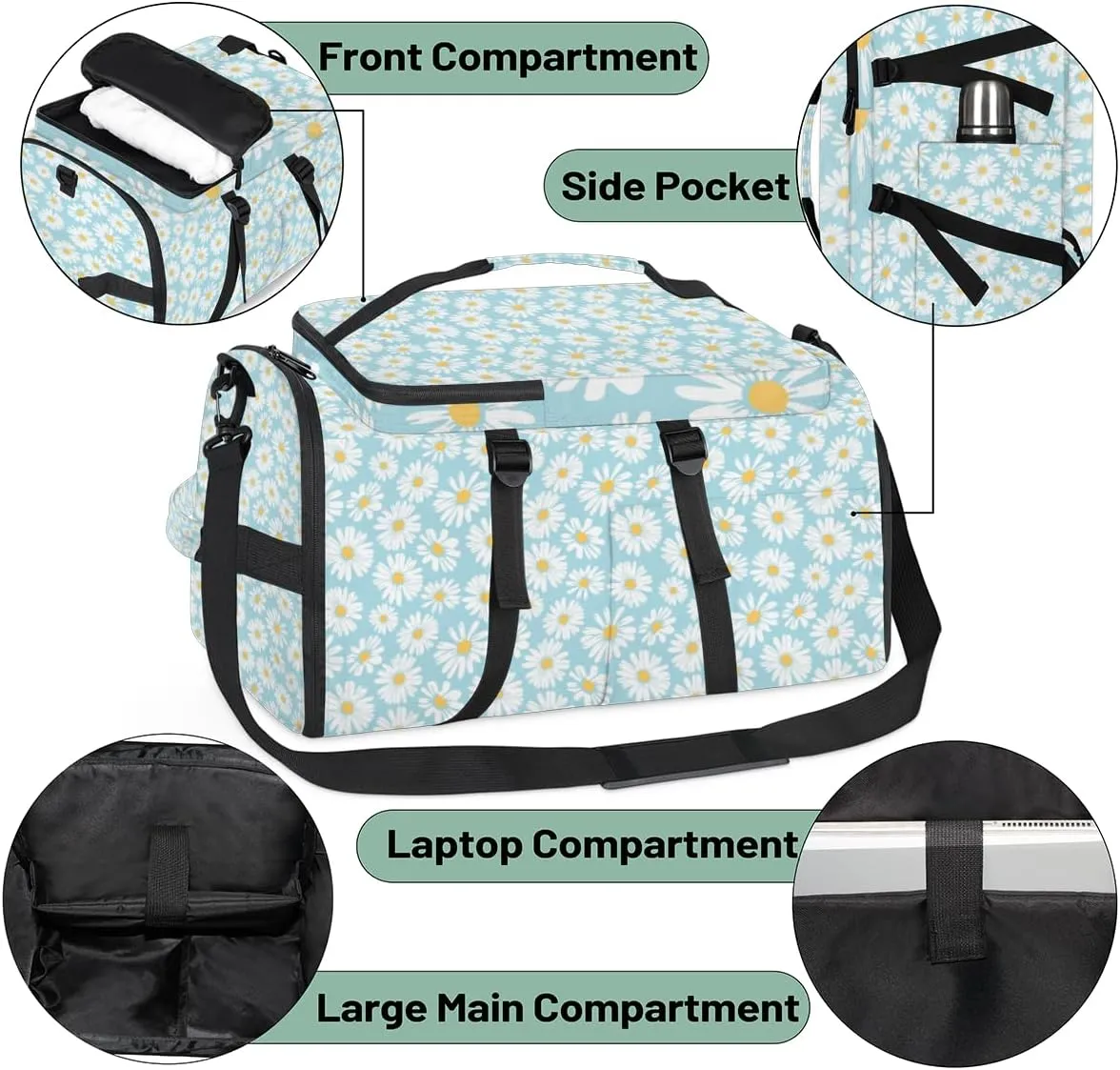 Large Sports Gym Bag With Shoe & Laptop Compartment 47L Waterproof Travel Duffel Bags for Men Women Daisy Floral Blue Luggage Backpack Duffle Bag