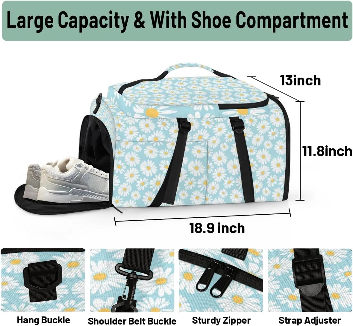 Large Sports Gym Bag With Shoe & Laptop Compartment 47L Waterproof Travel Duffel Bags for Men Women Daisy Floral Blue Luggage Backpack Duffle Bag