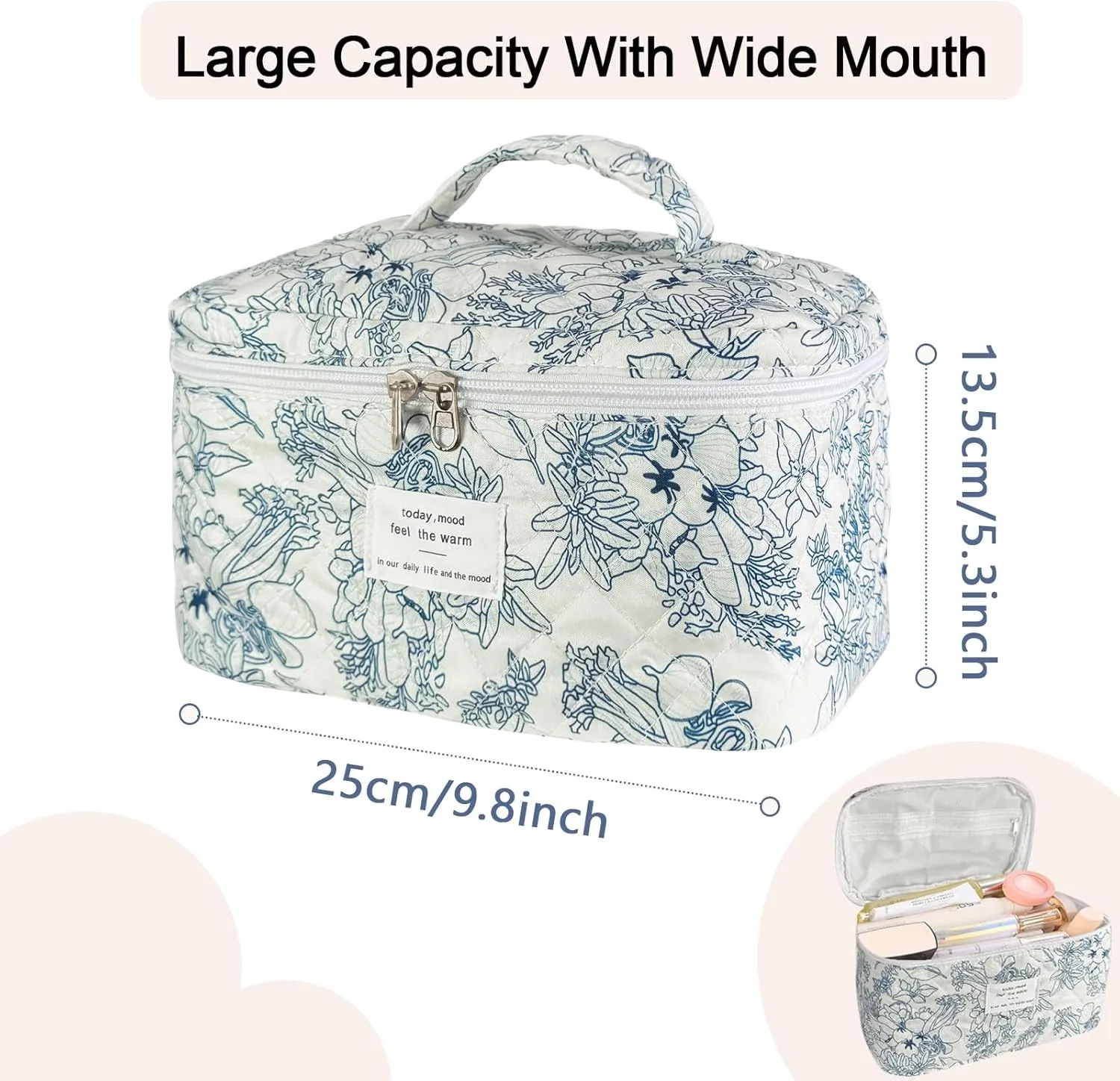 Large Travel Quilted Makeup Bag for Women, Floral Cotton Cosmetic Bag Cute Coquette Aesthetic Floral Toiletry Organizer Bag for Girls Little Blue Flower Cosmetic Zipper Storage Bag