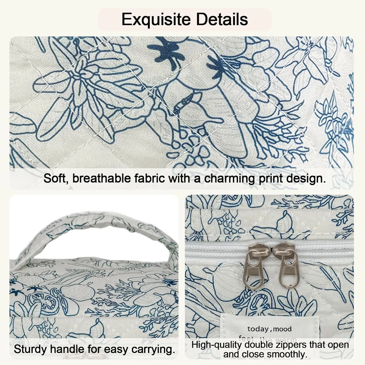 Large Travel Quilted Makeup Bag for Women, Floral Cotton Cosmetic Bag Cute Coquette Aesthetic Floral Toiletry Organizer Bag for Girls Little Blue Flower Cosmetic Zipper Storage Bag