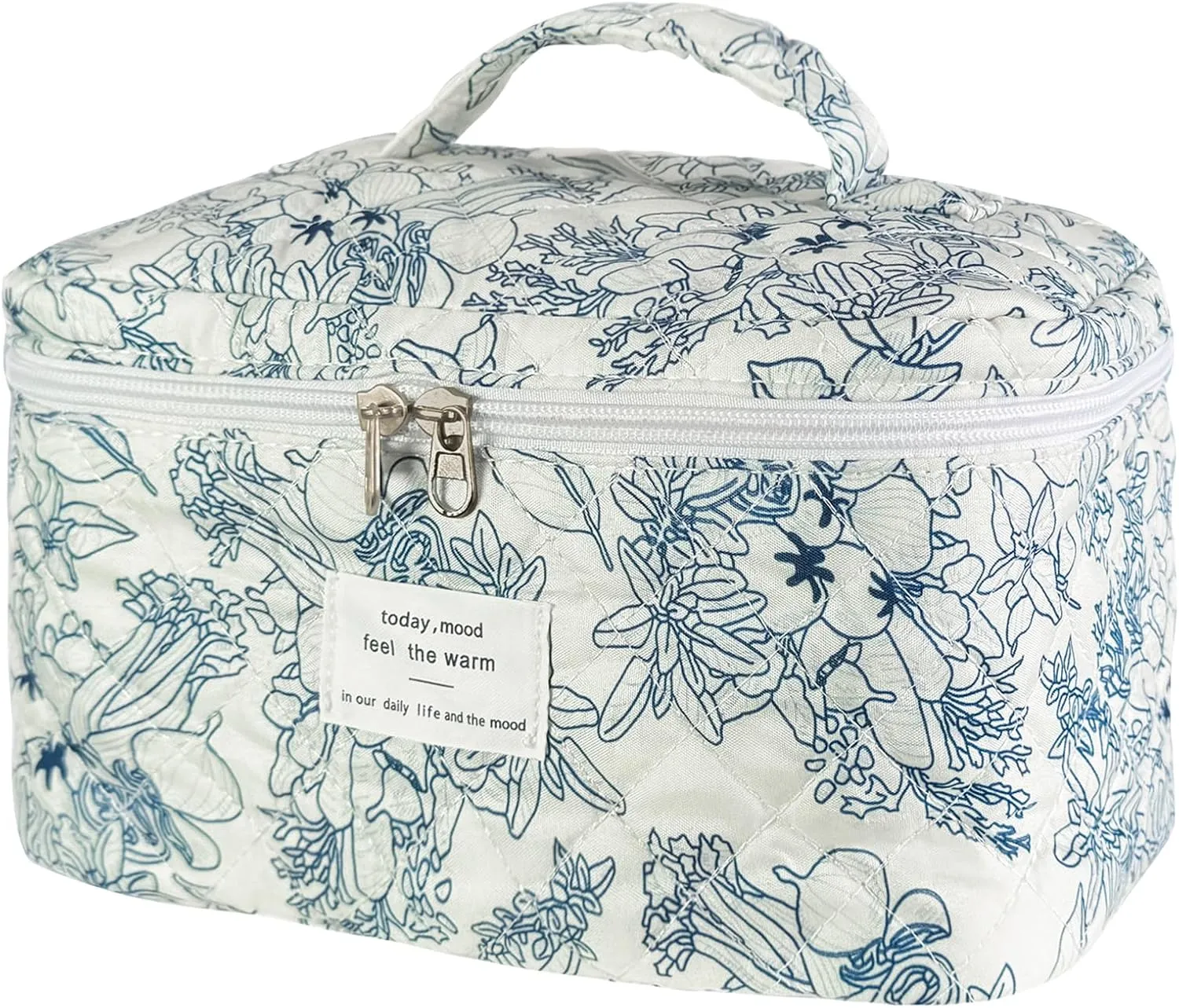 Large Travel Quilted Makeup Bag for Women, Floral Cotton Cosmetic Bag Cute Coquette Aesthetic Floral Toiletry Organizer Bag for Girls Little Blue Flower Cosmetic Zipper Storage Bag