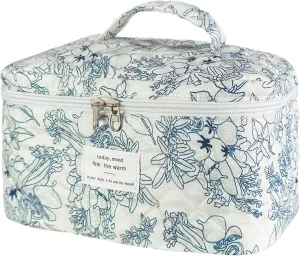 Large Travel Quilted Makeup Bag for Women, Floral Cotton Cosmetic Bag Cute Coquette Aesthetic Floral Toiletry Organizer Bag for Girls Little Blue Flower Cosmetic Zipper Storage Bag