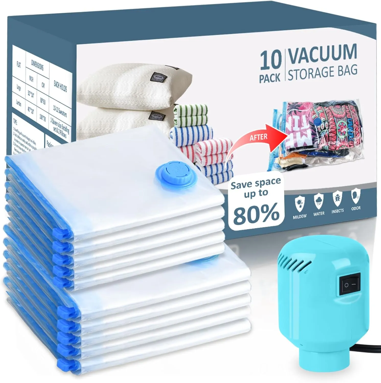 Large Vacuum Storage Bags with Electric Pump 10 Pack (5 Jumbo/5 Large) Vacuum Seal Bags for Clothing Compression Space Saver for Comforters,Blankets - Travel Essentials