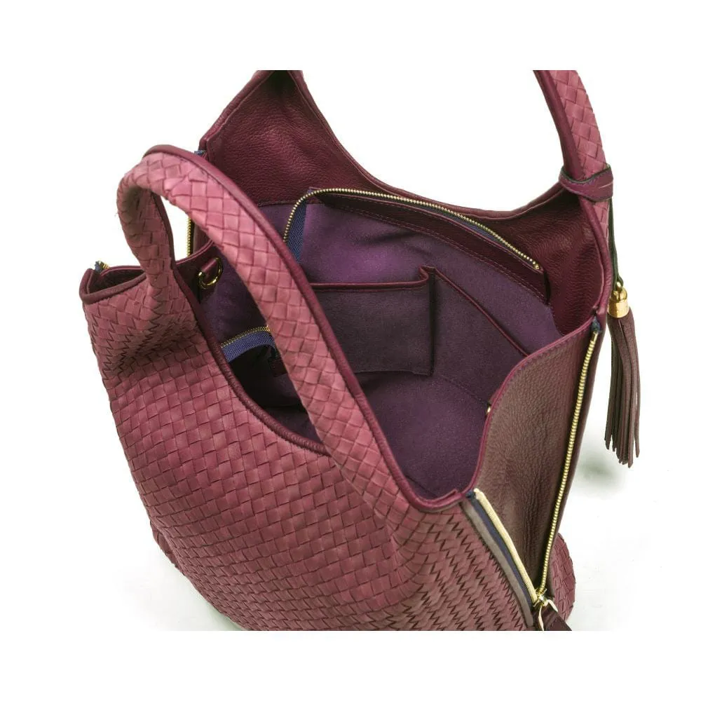 Large Woven Leather Bag - Burgundy