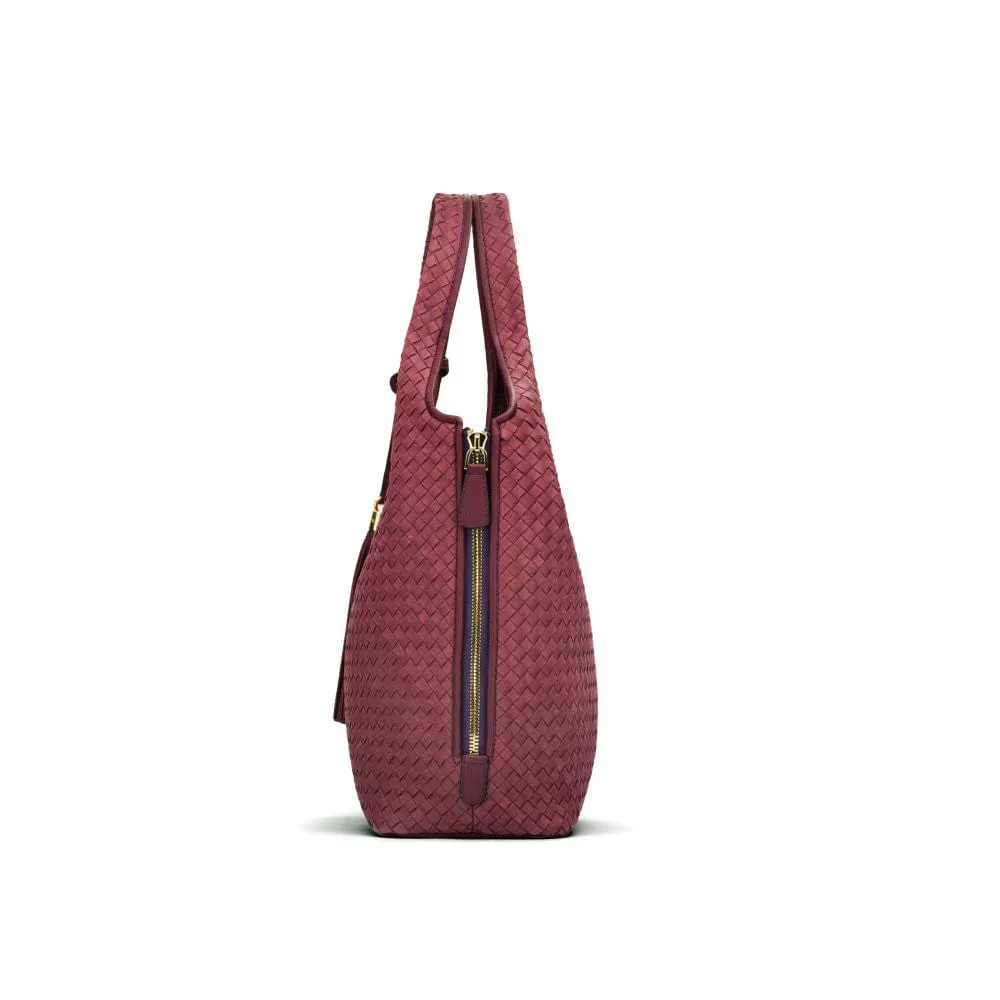 Large Woven Leather Bag - Burgundy