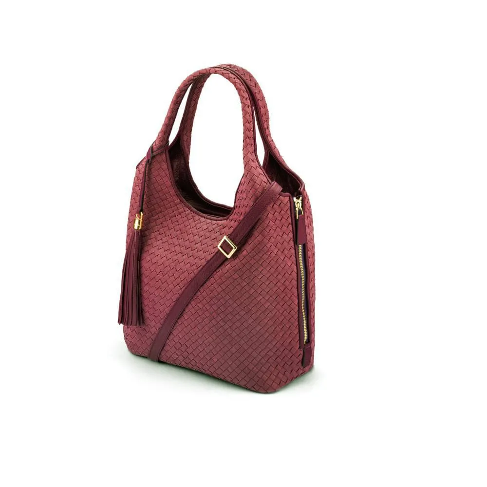 Large Woven Leather Bag - Burgundy