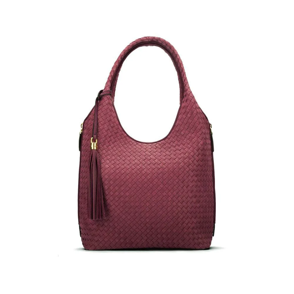 Large Woven Leather Bag - Burgundy
