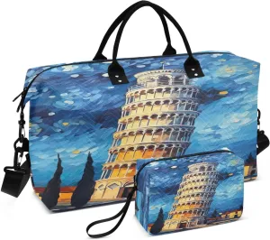 Leaning Tower Starry Night Travel Duffle Bag Gym Bag Quilt Weekender Bags Carry On Bag Overnight Bag with Make Up Bag for Airplane Women Ladies Trip Travel Essentials Gifts
