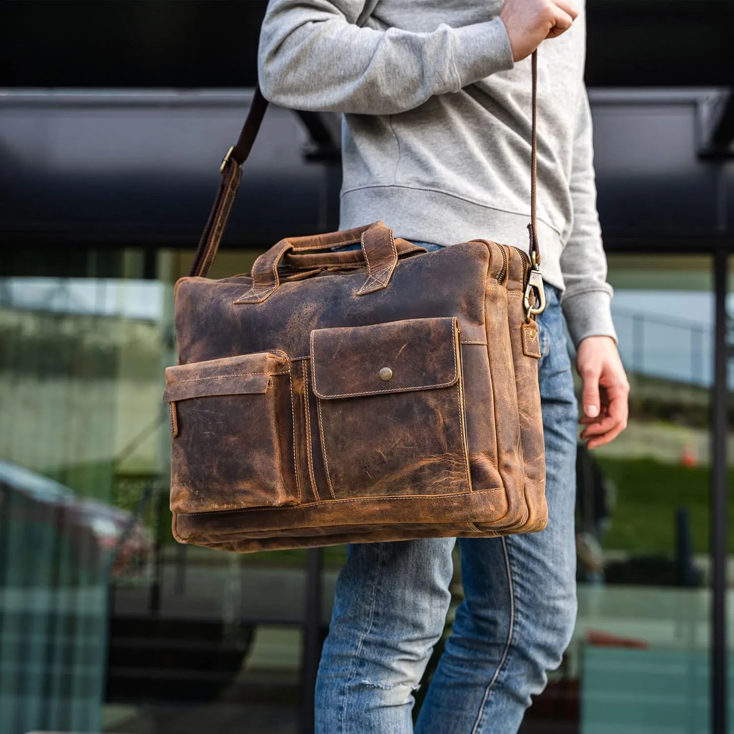Leather briefcase 18 Inch Laptop Messenger Bags for Men and Women Best Office Briefcase Satchel Bag