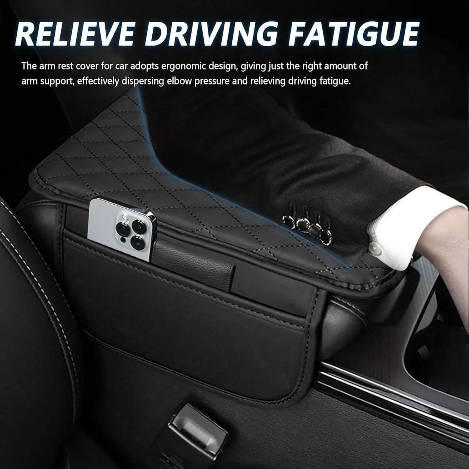 Leather Car Center Console Cover for Dodge Challenger LA LC SCAT/SRT 2008-2025, Universal Car Armrest Cover Protector 2 Storage Bags Waterproof Anti Scratch Interior Accessories, Gray