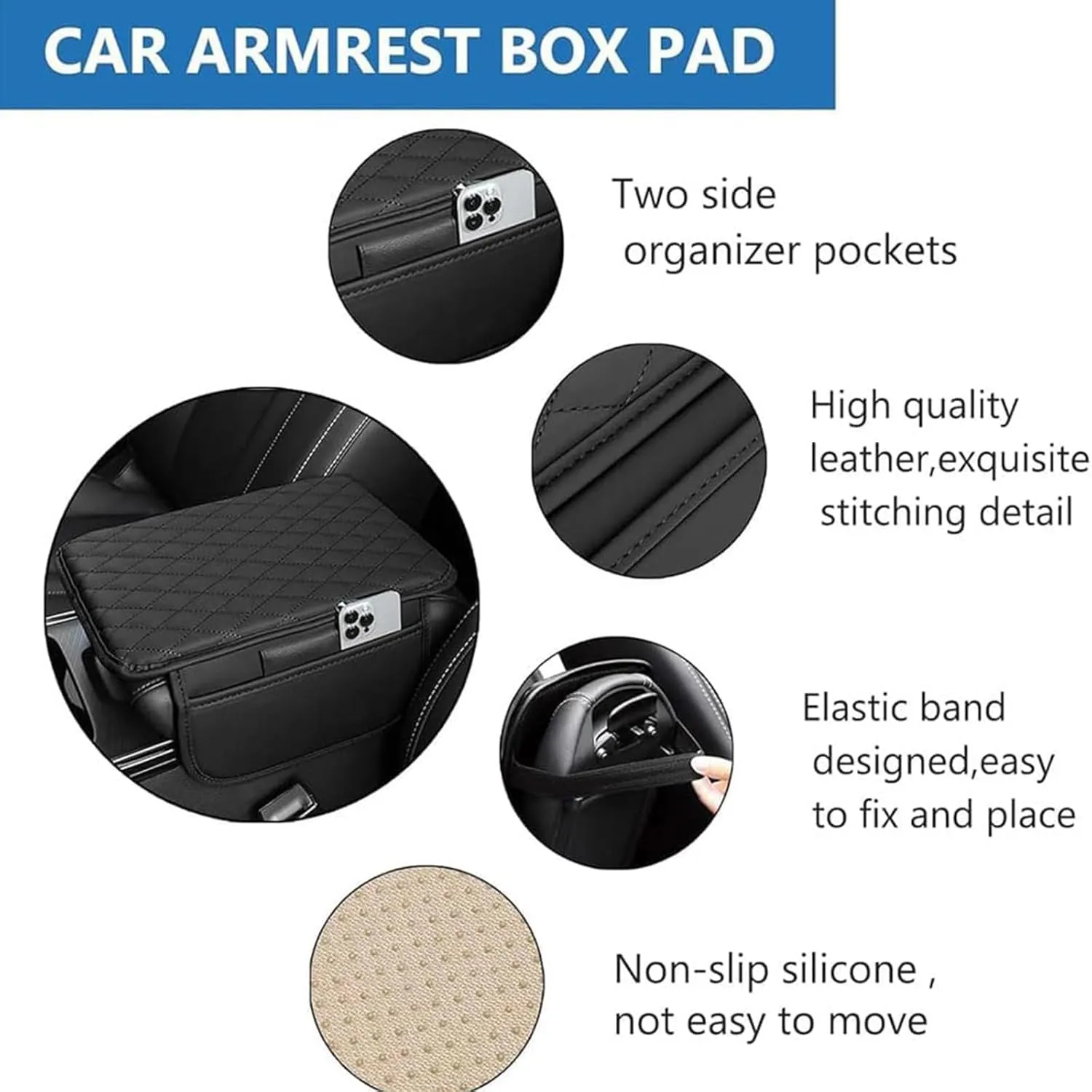Leather Car Center Console Cover for Dodge Challenger LA LC SCAT/SRT 2008-2025, Universal Car Armrest Cover Protector 2 Storage Bags Waterproof Anti Scratch Interior Accessories, Gray