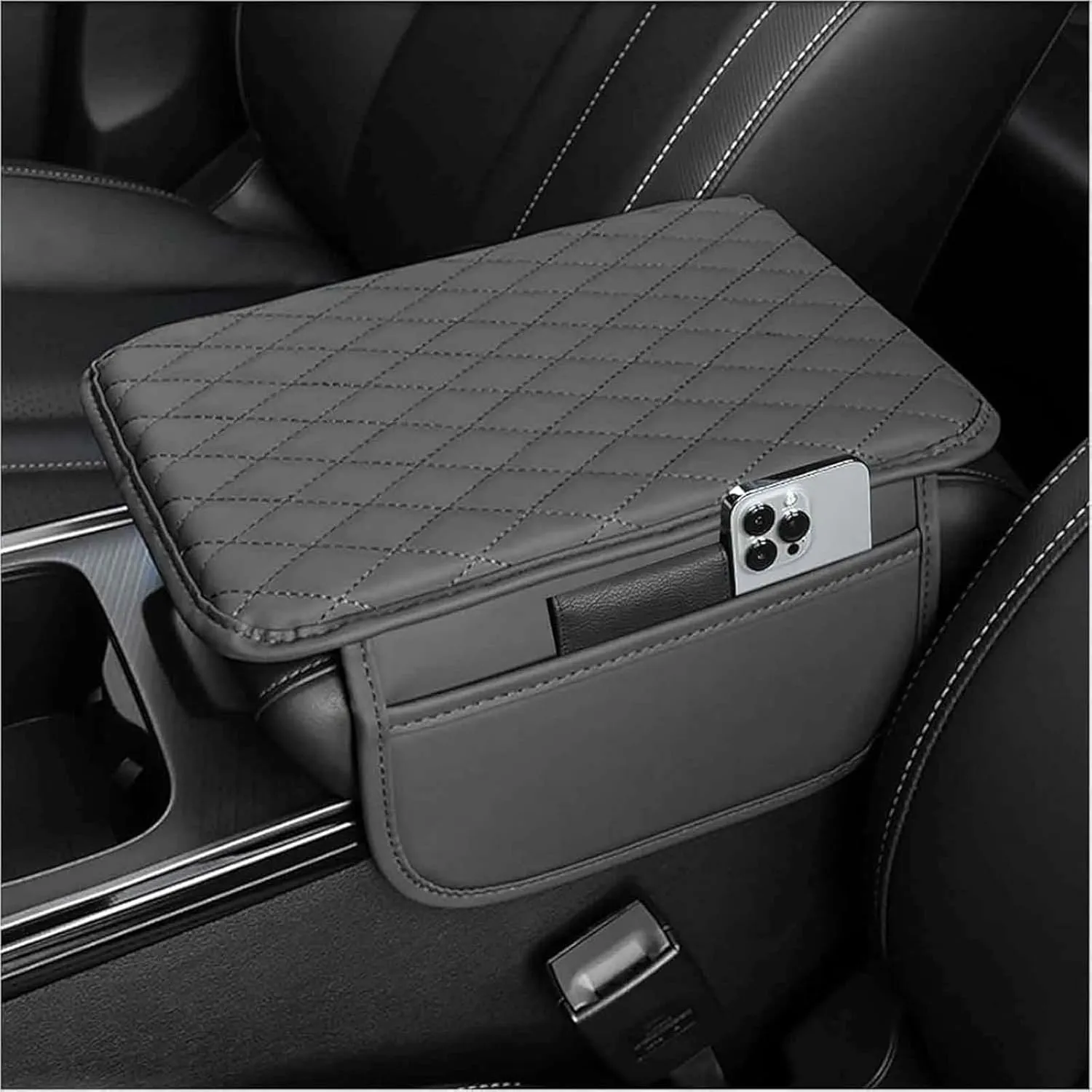 Leather Car Center Console Cover for Dodge Challenger LA LC SCAT/SRT 2008-2025, Universal Car Armrest Cover Protector 2 Storage Bags Waterproof Anti Scratch Interior Accessories, Gray