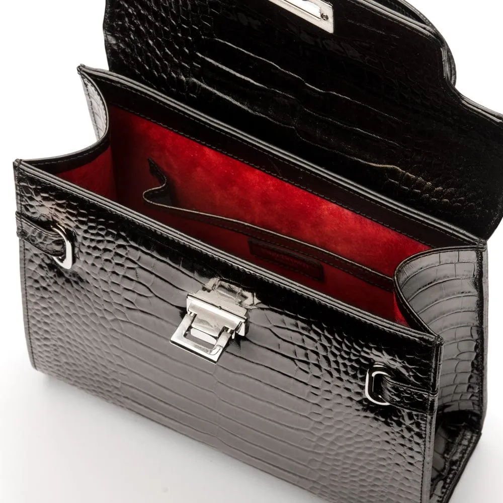 Leather Catherine Bag - Black Patent Croc-Effect
