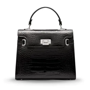 Leather Catherine Bag - Black Patent Croc-Effect