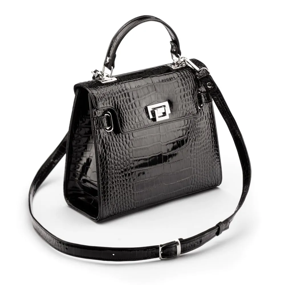 Leather Catherine Bag - Black Patent Croc-Effect
