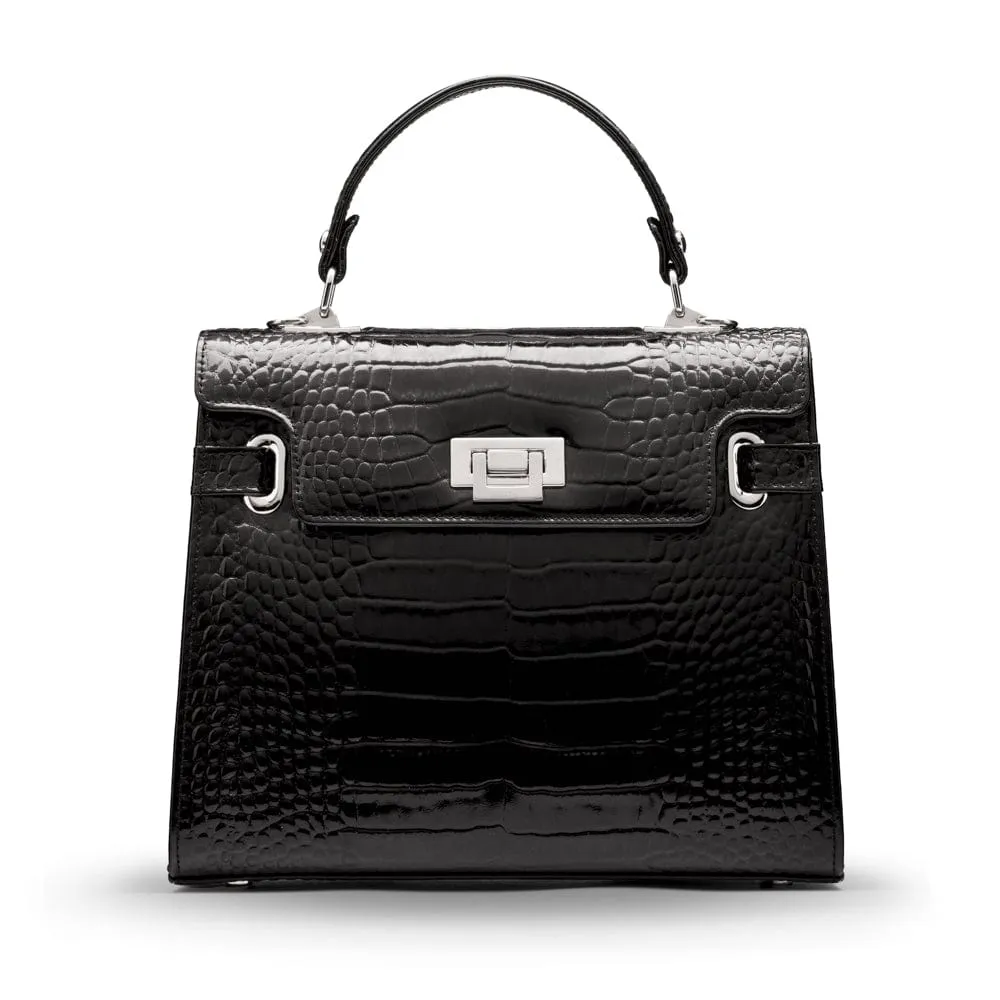 Leather Catherine Bag - Black Patent Croc-Effect