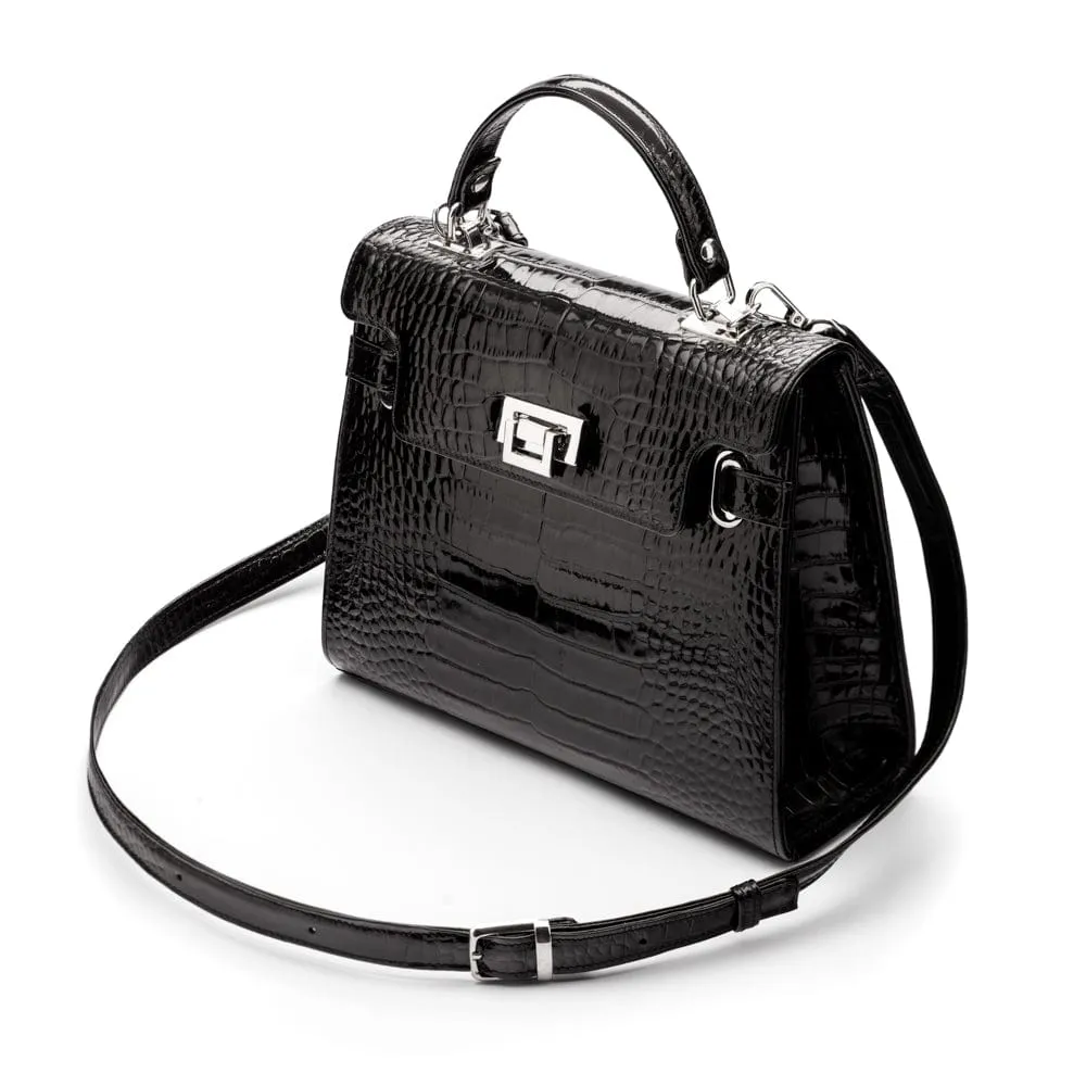 Leather Catherine Bag - Black Patent Croc-Effect