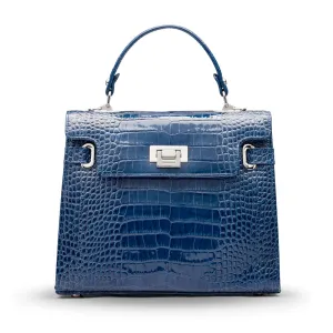 Leather Catherine Bag - Blue Patent Croc-Effect