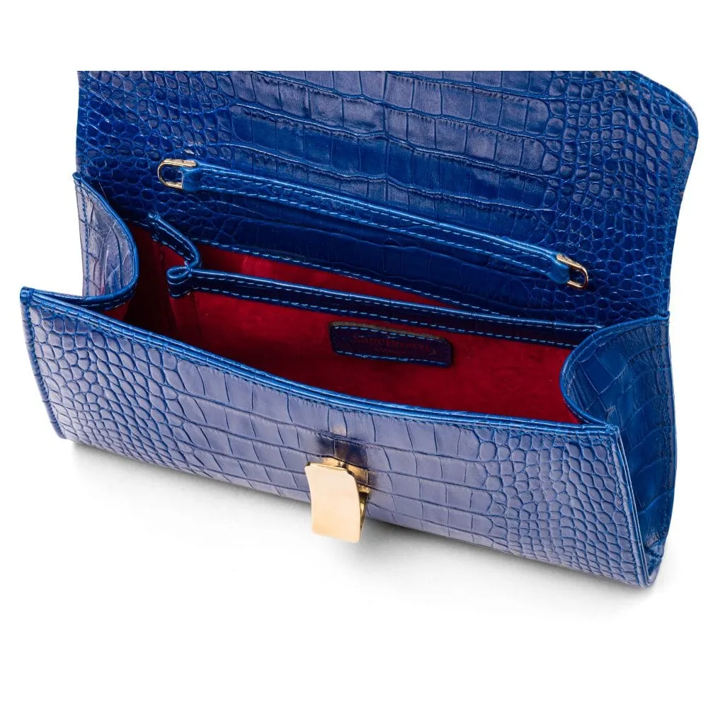 Leather Clutch Bag, Melanie - Cobalt Croc-Effect