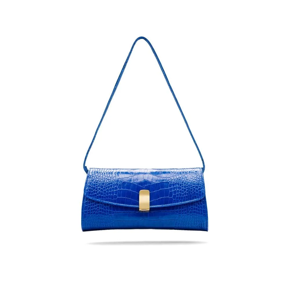 Leather Clutch Bag, Melanie - Cobalt Croc-Effect
