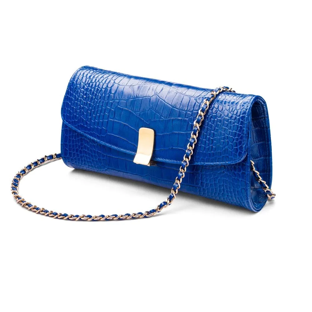 Leather Clutch Bag, Melanie - Cobalt Croc-Effect