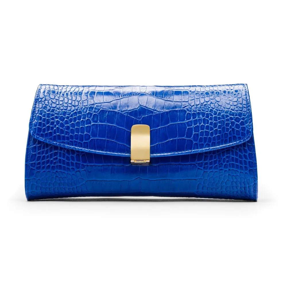 Leather Clutch Bag, Melanie - Cobalt Croc-Effect
