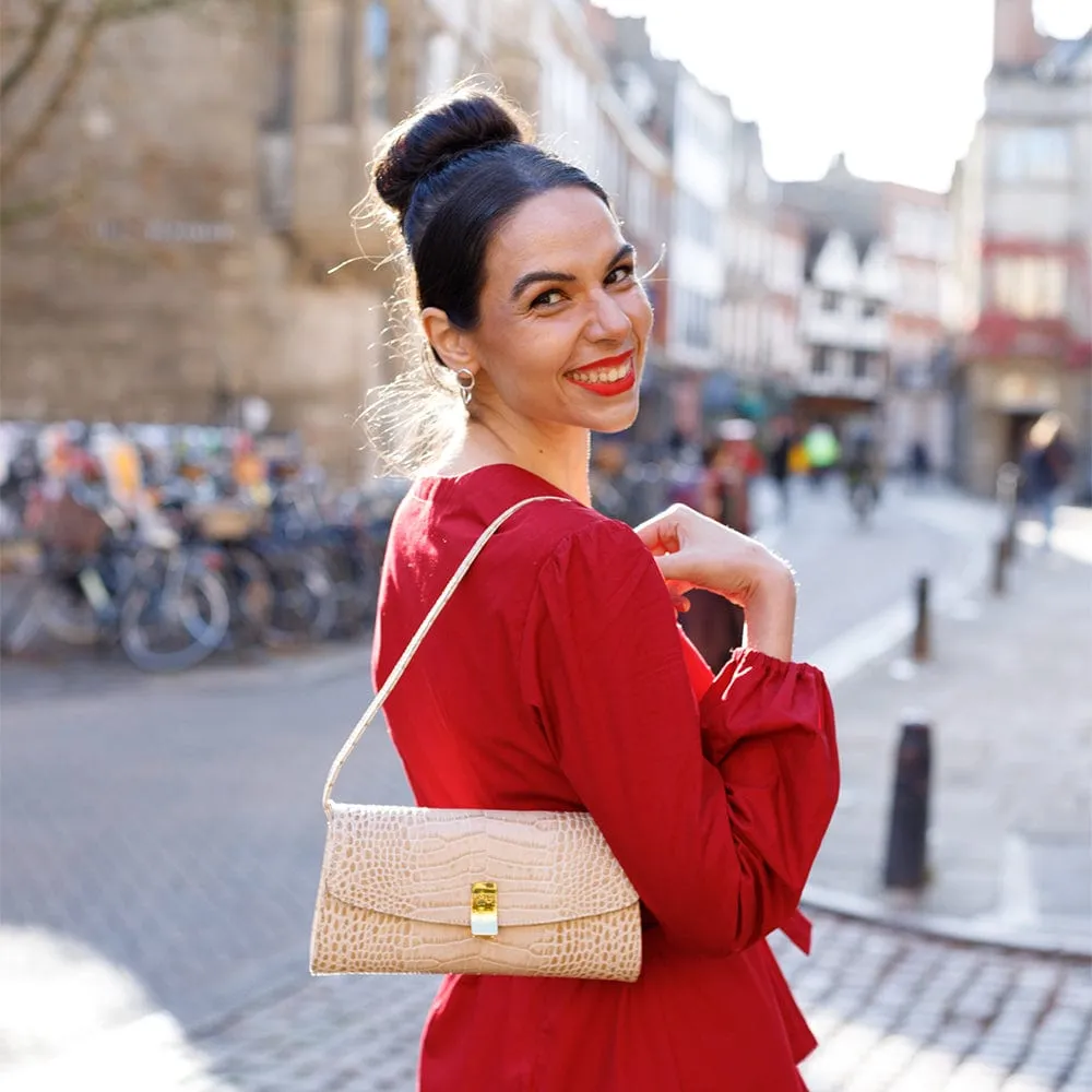 Leather Clutch Bag, Melanie - Ivory Croc-Effect