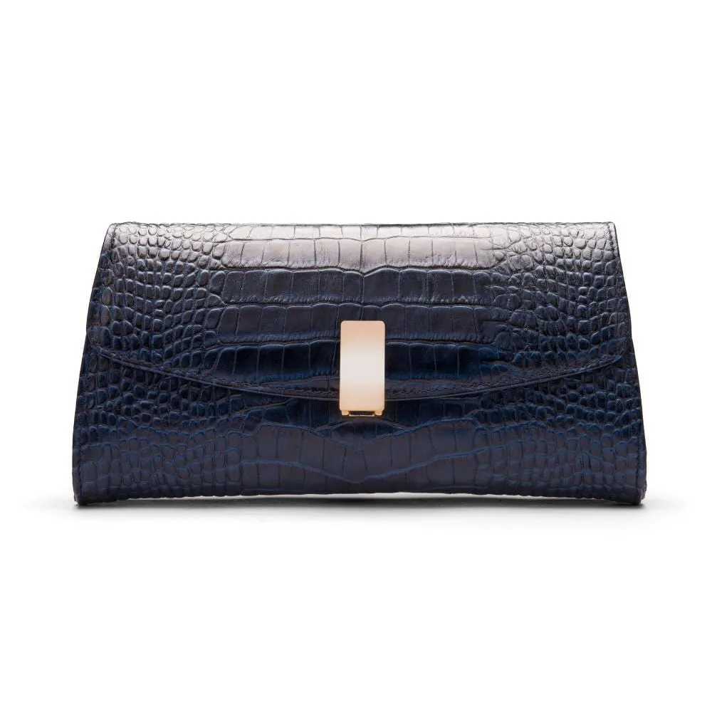 Leather Clutch Bag, Melanie - Navy Croc-Effect