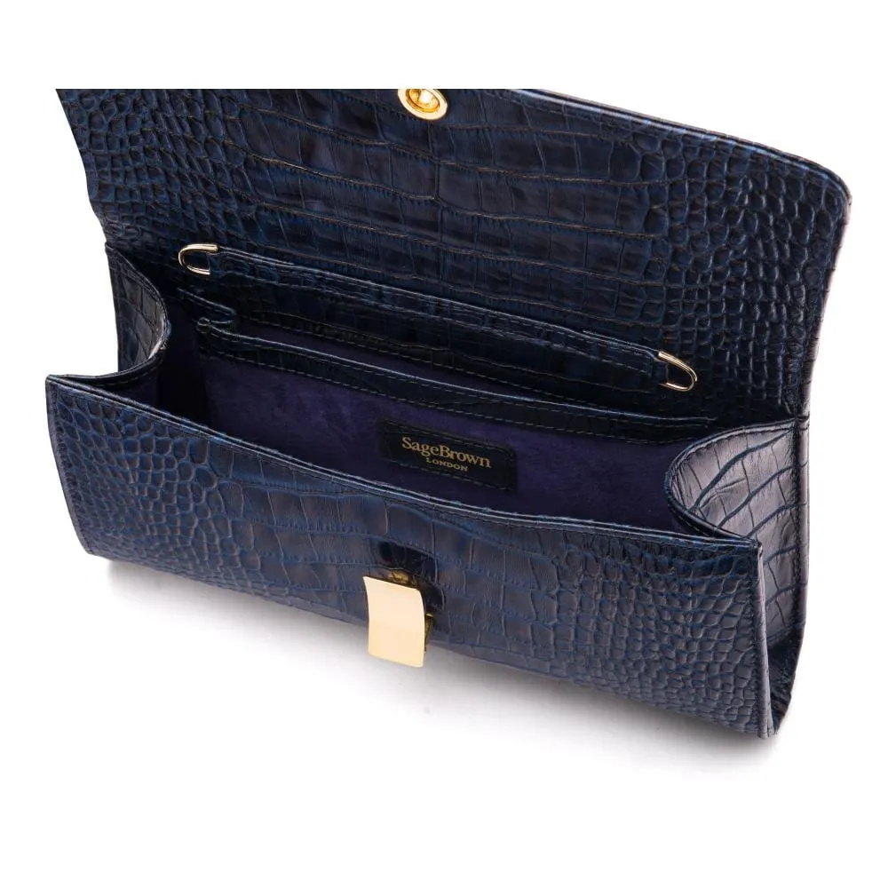 Leather Clutch Bag, Melanie - Navy Croc-Effect