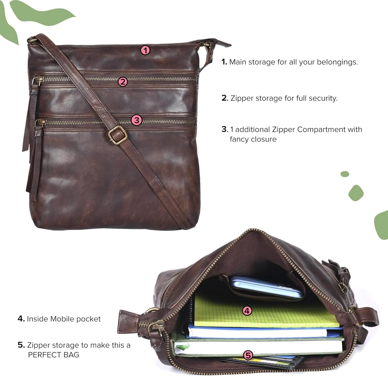Leather Crossbody Bags for Women - Ladies Sling Handbags - Medium Cross body Purses Handbags - Purses For Women