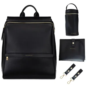 Leather Diaper Bag Backpack with USB Charging port, Changing Pad, Stroller Straps, and Bottle Holder (Black Sophia)