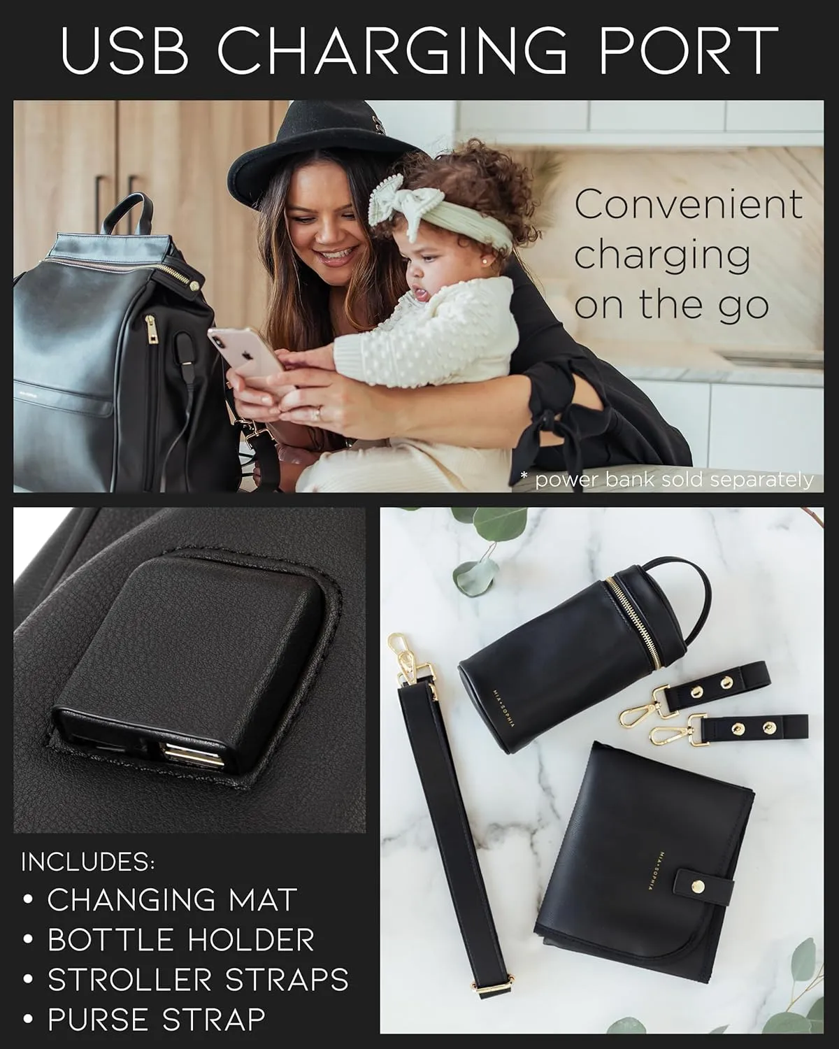 Leather Diaper Bag Backpack with USB Charging port, Changing Pad, Stroller Straps, and Bottle Holder (Black Sophia)