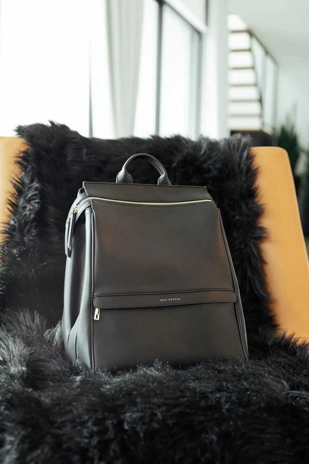 Leather Diaper Bag Backpack with USB Charging port, Changing Pad, Stroller Straps, and Bottle Holder (Black Sophia)