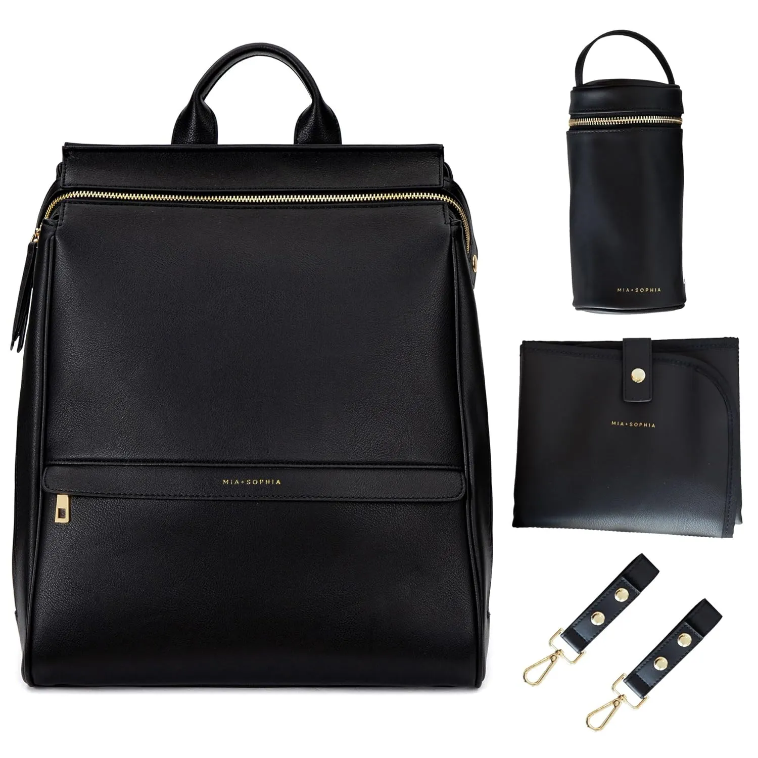 Leather Diaper Bag Backpack with USB Charging port, Changing Pad, Stroller Straps, and Bottle Holder (Black Sophia)