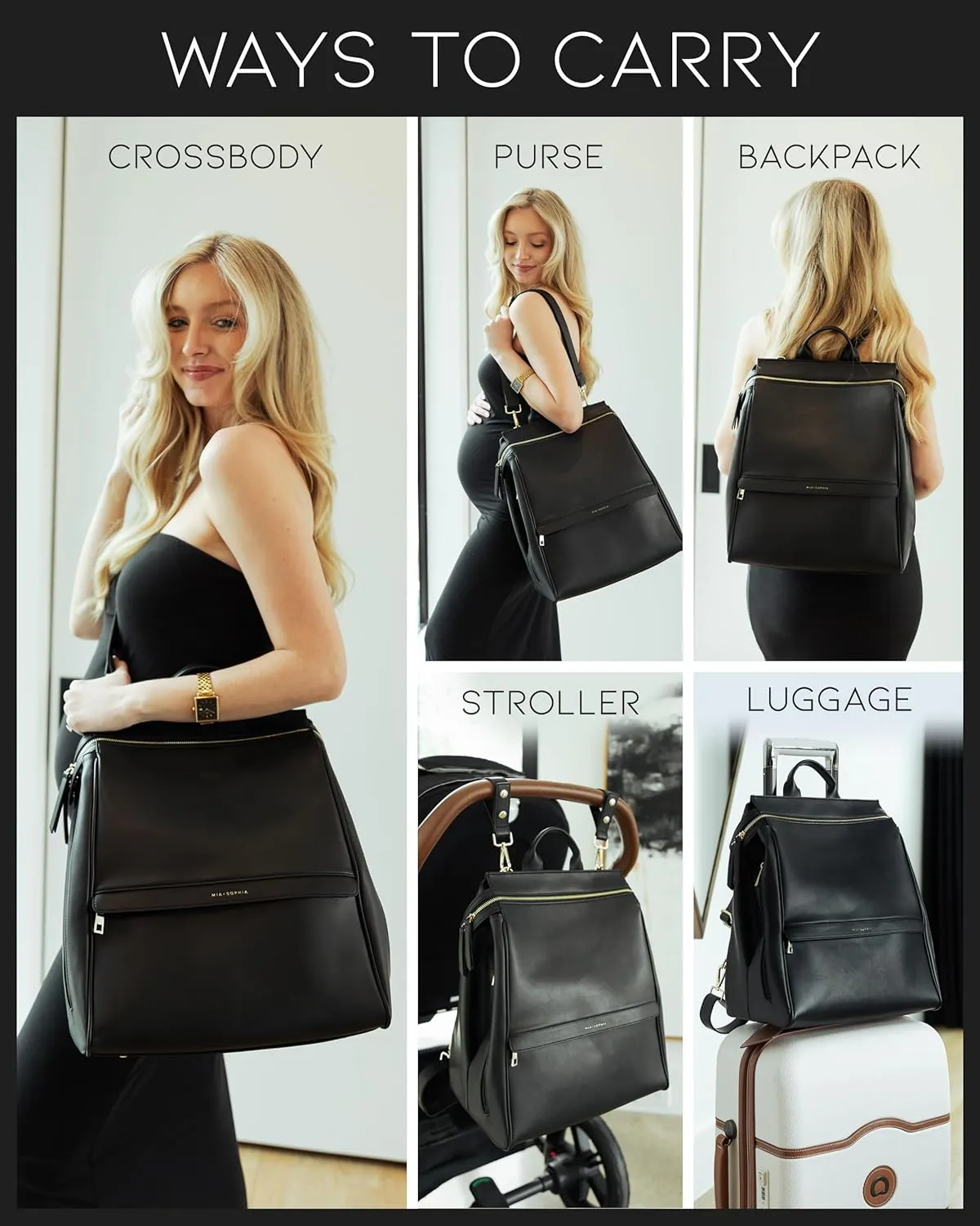 Leather Diaper Bag Backpack with USB Charging port, Changing Pad, Stroller Straps, and Bottle Holder (Black Sophia)