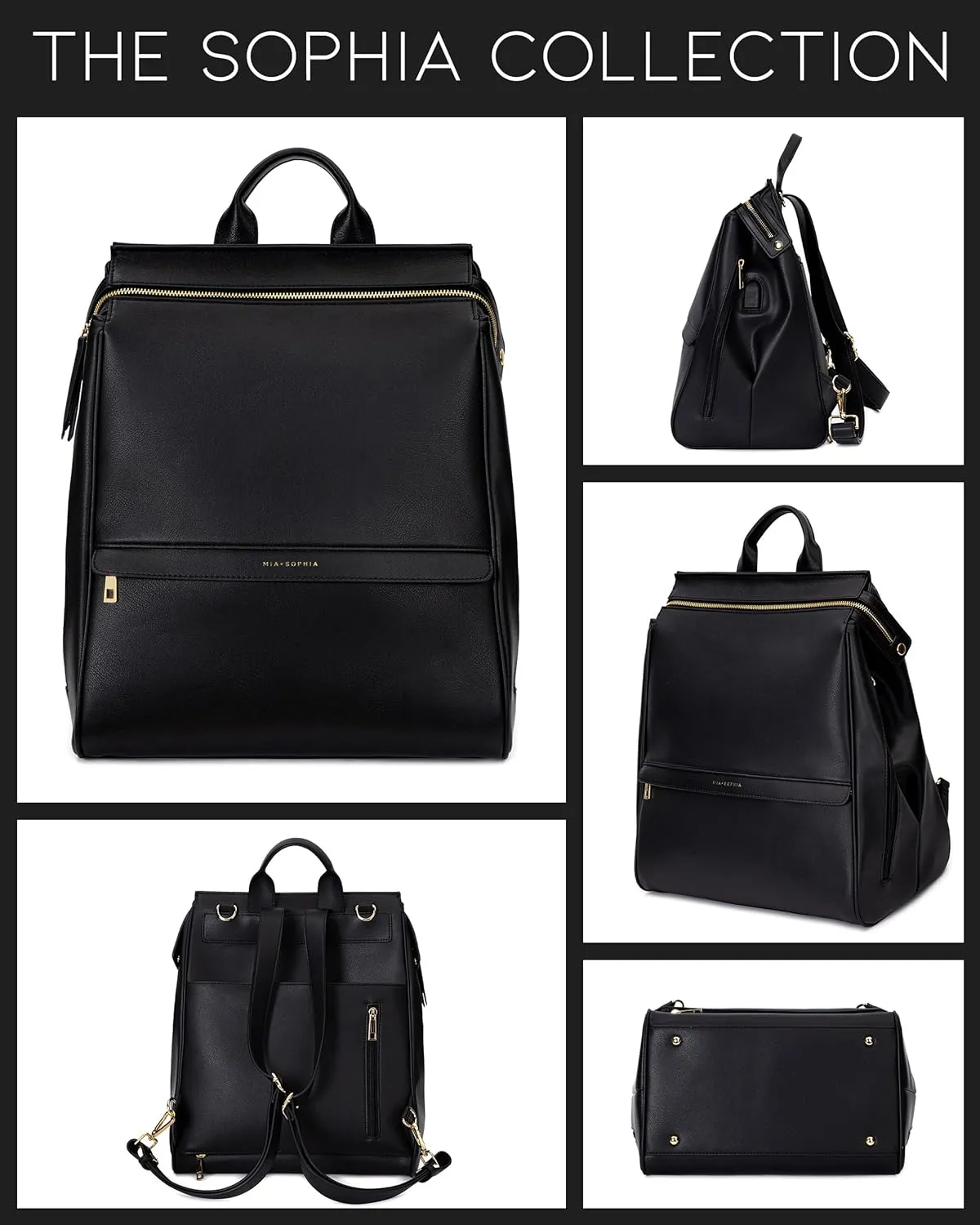 Leather Diaper Bag Backpack with USB Charging port, Changing Pad, Stroller Straps, and Bottle Holder (Black Sophia)