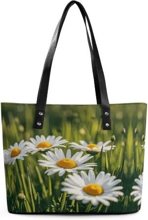 Leather Lady's Handbag Daisies in The Meadow Print Leather Tote Bags For Women Trendy Ladies Shoulder Bag for Work, Travel, Casual Use