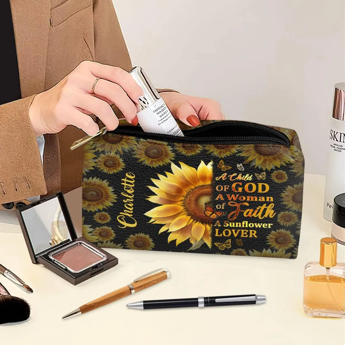 Leather Makeup Pouch For Women - Personalized Sunflower Inspirational Cosmetic Case Storage Makeup Bags - Spiritual Faith Gifts for Mom, Wife, Daughter - Bible Study Journaling Supplies