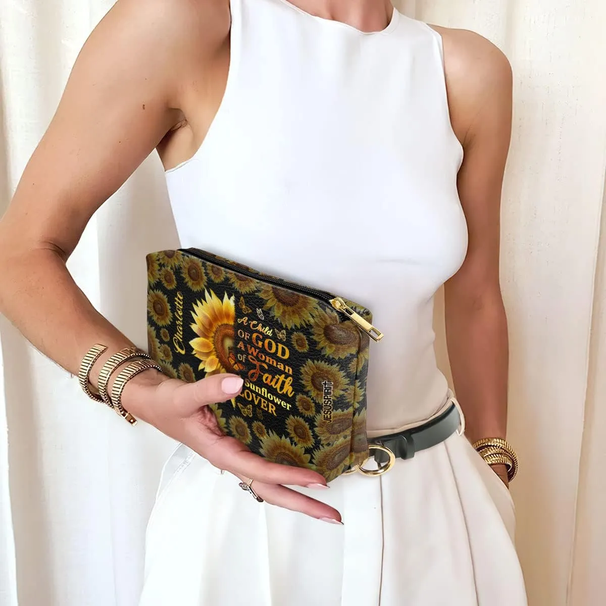 Leather Makeup Pouch For Women - Personalized Sunflower Inspirational Cosmetic Case Storage Makeup Bags - Spiritual Faith Gifts for Mom, Wife, Daughter - Bible Study Journaling Supplies